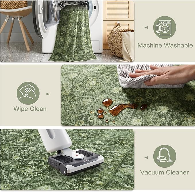 Hedlive Vintage Green Washable 2x6 Runners for Hallways, Boho Kitchen Runner Rug Non Skid, Soft Low Pile Floor Carpet for Entry Bathroom Bedside High Traffic Area (2'x6', Green)
