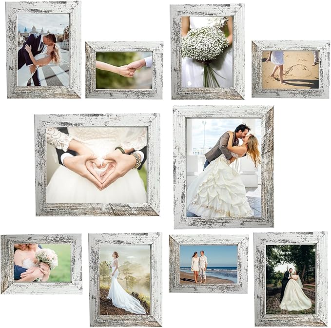 Picture Frame Set 10 pack, Farmhouse Photo Frames, Gallery Wall Frame Collage, 8x10 5x7 4x6 Frames in 3 Different Finishes Picture Frames For Wall or Desk,Rustic White