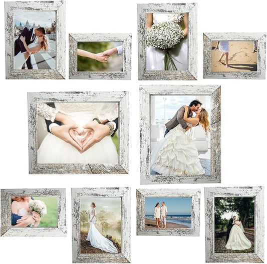 Picture Frame Set 10 pack, Farmhouse Photo Frames, Gallery Wall Frame Collage, 8x10 5x7 4x6 Frames in 3 Different Finishes Picture Frames For Wall or Desk,Rustic White