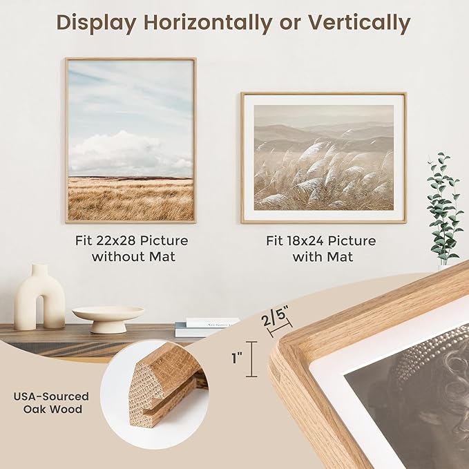 22x28 Poster Frame, USA-Sourced Oak Wood Picture Frame with HD Tempered Glass, Handcrafted Rounded Corner 22 x 28 Wooden Frames Matted to 18x24 Photos, Horizontal or Vertical Wall Display