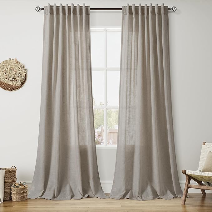 Nanspring Grey Beige Curtains 102 Inches Long for Living Room Linen Light Filtering Semi Sheer Curtain Back Tab Simple Modern Neutral Floor to Ceiling Boho Gray Drapes for Bedroom 52x102, 2 Panels