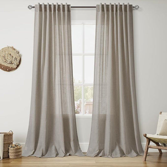 Nanspring Grey Beige Curtains for Living Room 120 Inches Long Linen Light Filtering Semi Sheer Curtain Back Tab Simple Modern Boho Long Floor to Ceiling High Window for Bedroom 52x120, 2 Panels