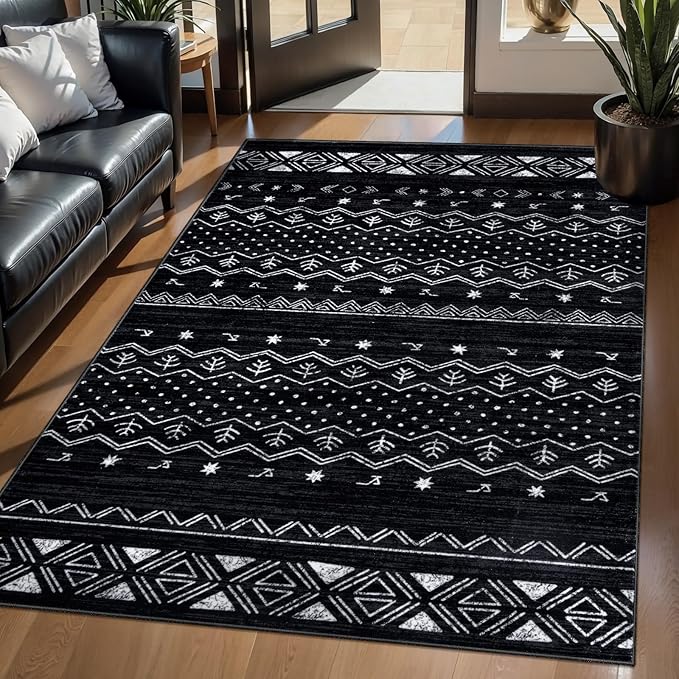 SERISSA 3x5 Area Rugs for Living Room, Washable Non-Slip Black and White Small Boho Rug, Soft Low-Pile Geometric Indoor Throw Carpet for Bedroom Kitchen Dining Room Office