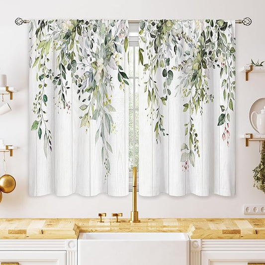 Farmhouse Eucalyptus Botanical Small Kitchen Curtains Rustic Leaves Window Treatment Wooden Floral Sage Mint Green Cafe Short Curtains for Bathroom Dining Tier Treatment Drapes 27.5x39 inch
