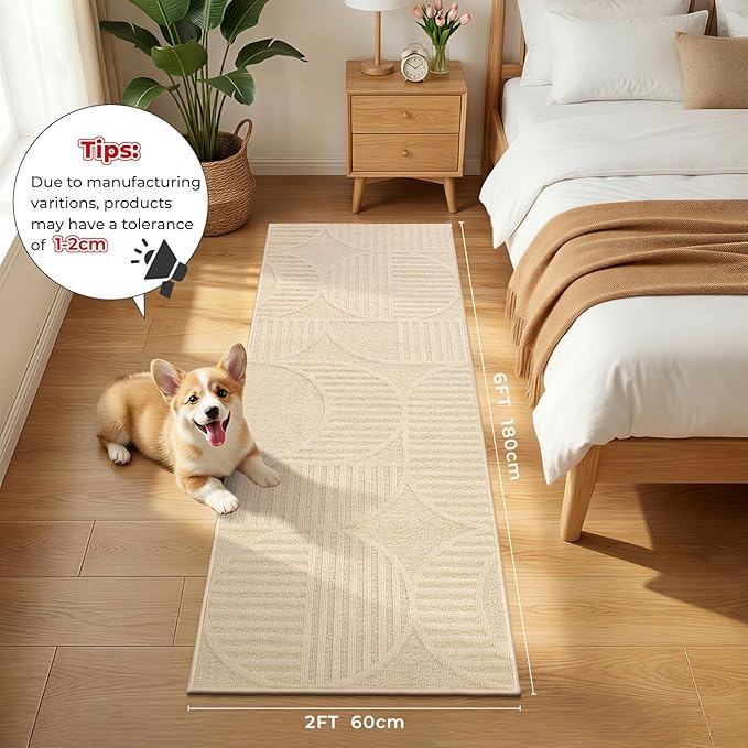 Findosom Washable Runner Rug 2x6, Geometric High-Low Textured Non Slip Hallway Runner Rug with Rubber Backing, Boho Carpet Runner for Kitchen, Bedroom, Laundry, Entryway, Bathroom, Beige