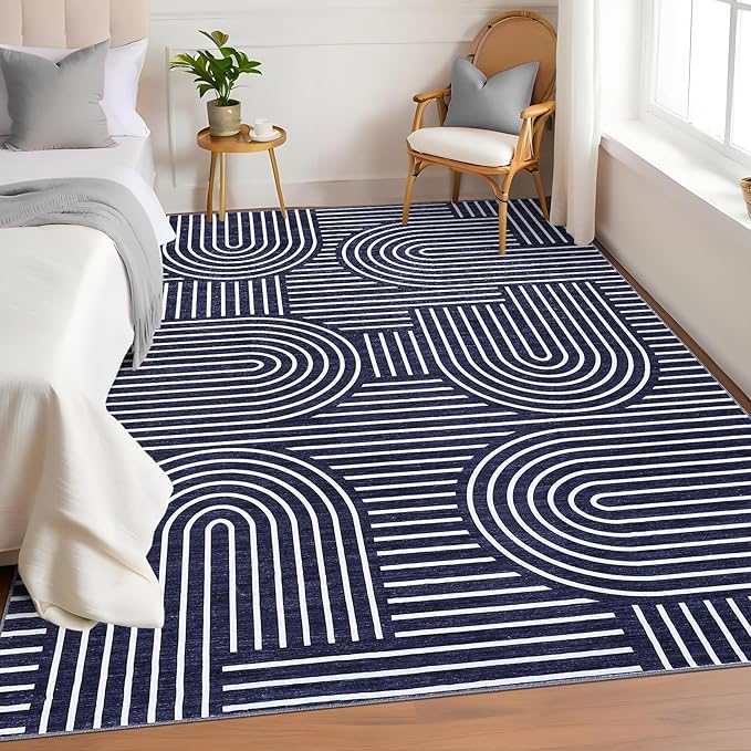 ROYHOME Washable Rug 4x6 Area Rugs for Living Room, Abstract Rug for Bedroom, Soft Rainbow Non Slip Throw Rugs with Rubber Back, Low Pile Stain Resistant Boho Geometric Carpet for Dining Room, Blue