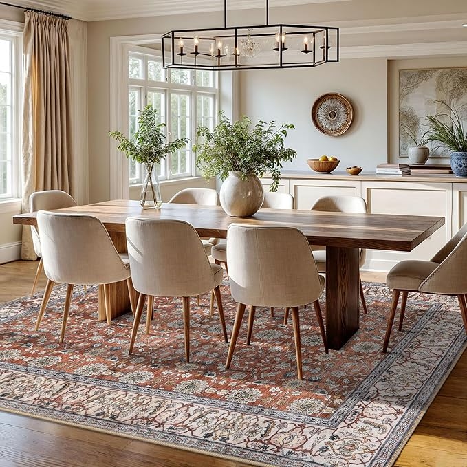 KUTA Vintage 8x10 Area Rugs for Living Room, Red Clay Washable Large Rug for Bedroom 8ft x 10ft Non-Slip, Ultra Thin Soft Printed Traditional Floral Distressed Dining Room Low-Pile Carpet