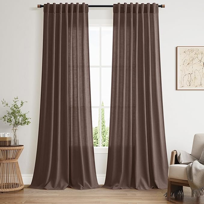 Extra Long Curtain Cappuccino Morden Linen Blend Light Filtering Back Tab Curtains for Long Winodws 120 Inches Length, Semi Sheer Privacy Drapes for Living Room, 52x120 inch, 2 Panels
