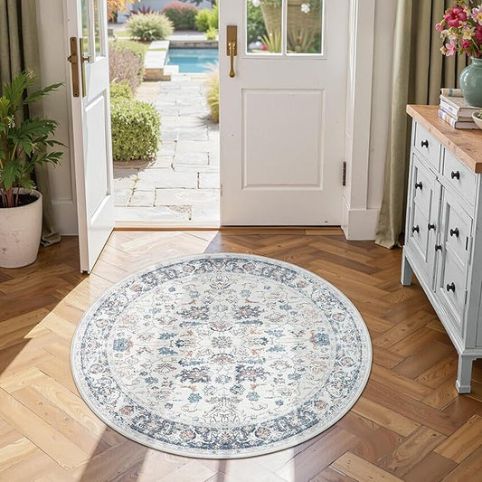 jinchan Round Rug 4ft Area Rug - Washable Boho Vintage Floral Circle 4' Round Floor Cover Lightweight Low Pile Thin Throw Non-Slip Carpet for Kitchen Living Room Bedroom Dining Room Office Grey Multi