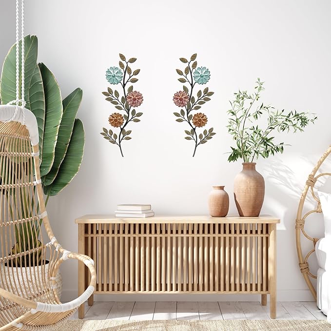 MorningRo 2 Pcs Metal Flower Leaves Wall Art Spring Wall Decor Living Room, 15.75 Inch Vintage Rustic Branch Leaf Wrought Iron Scroll Art Decor for Spring Bedroom Indoor Outdoor Decorations(Colorful)