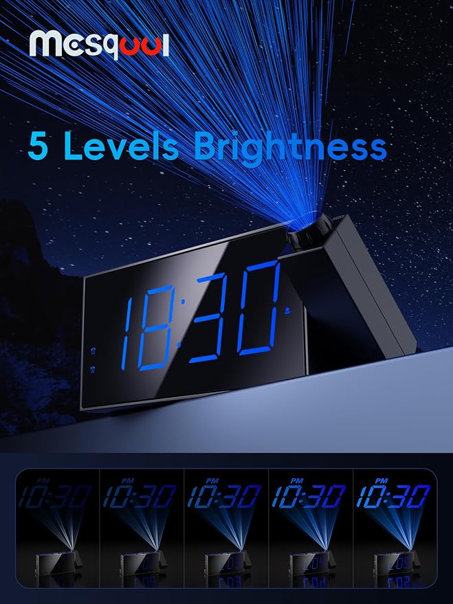 Mesqool Projection Alarm Clock with Loud Bed Shaker, Dual Alarms | 5-level Dimmer, USB charger, Snooze & DST, Loud Vibrating Alarm with Battery Backup, Perfect for Heavy Sleepers - Image 4