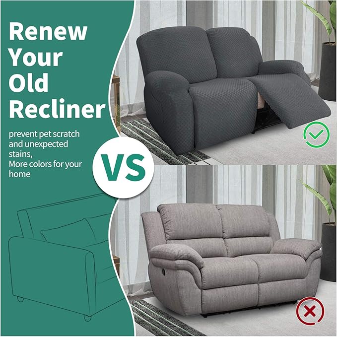 YEMYHOM 6 Pieces Stretch Loveseat Recliner Slipcover Jacquard Recliner Sofa Cover with Side Pocket Fitted Recliner Cover Couch Furniture Protector with Elastic Bottom (Loveseat Recliner, Dark Gray)