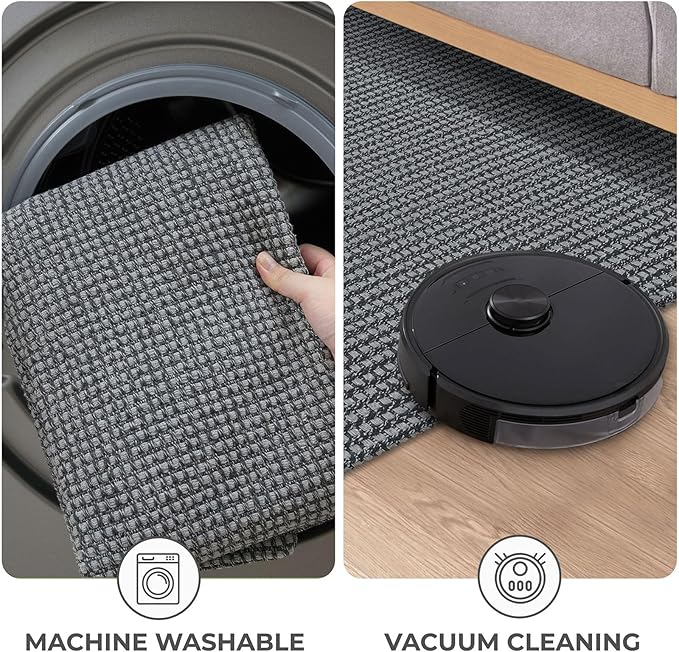 KOZYFLY Long Runners for Hallways 2x12 ft Washable Kitchen Runner Non Slip Rubber Backed Hallway Rugs Cotton Entryway Runner Rug Floor Carpet for Indoor Hall, Backdoor, Kitchen, Grey/Dark Grey