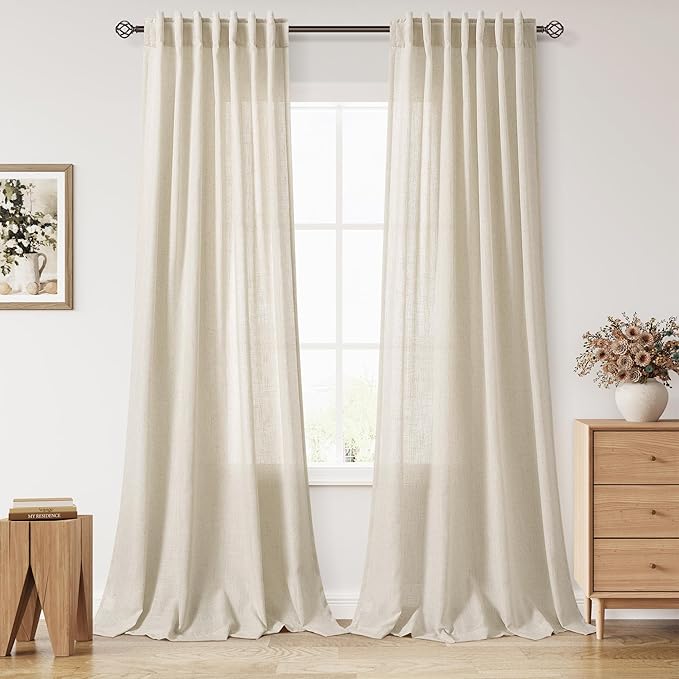 Nanspring 102 Inch Long Curtains for Living Room Birch Beige Linen Light Filtering Semi Sheer Curtain Back Tab Modern Farmhouse Decor Floor to Ceiling Coastal Drapes for Bedroom 52x102, 2 Panels