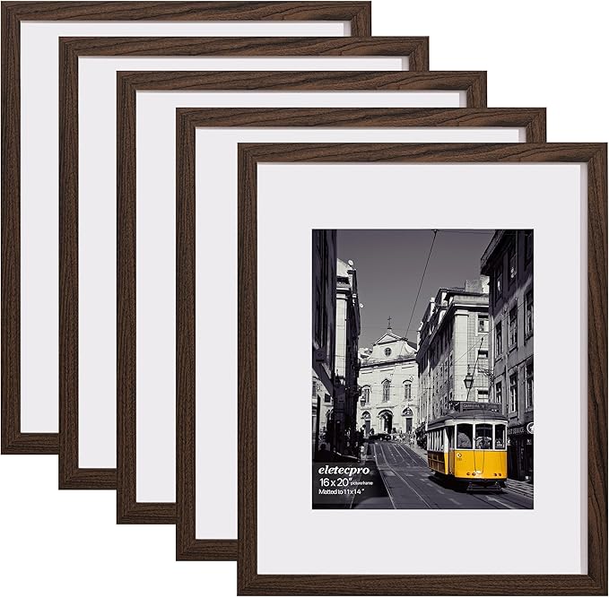eletecpro 16x20 Picture Frames Set of 5, Gallery Wall Frames Display 11x14 Photo with Mat or 16x20 without Mat, Picture Frame Collage Wall Decor for Wall Mounting, Walnut Brown