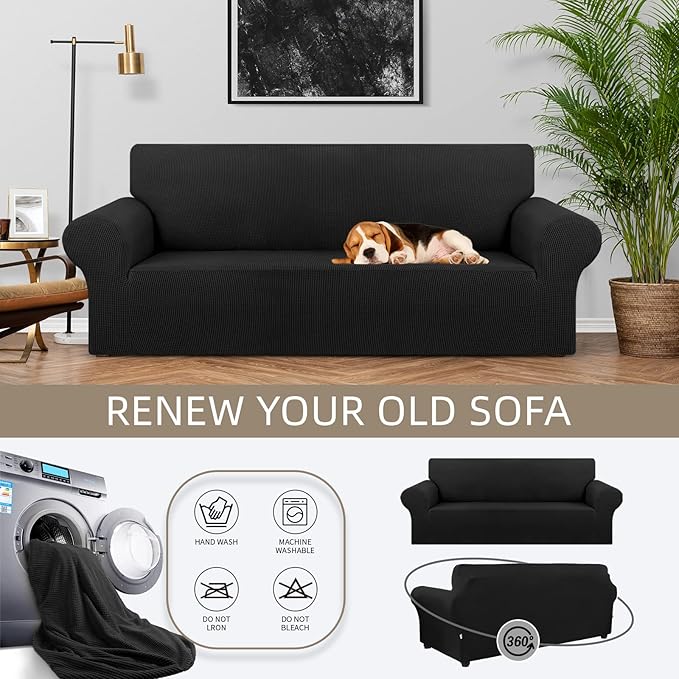 KEKUOU Stretch Sofa Cover Slipcover ???Couch Covers for 3 Cushion Couch Sofa pet Friendly (78"-94") Furniture Protector Sofa with Elastic Bottom for Kids,Dog, Jacquard Small Checked(Large,Black)