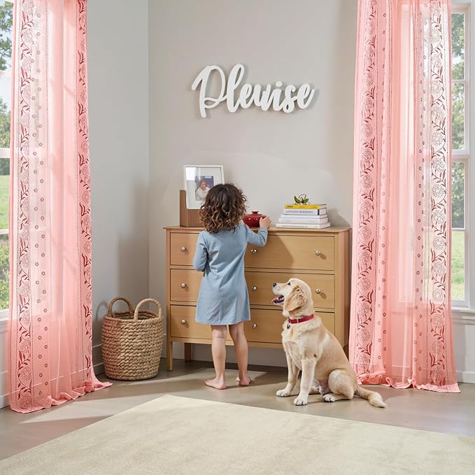 jinchan Winslow Pink Sheer Curtains 84 Inch for Bedroom Living Room Embroidered Bordered Floral Nursery Curtains for Girls Room Dorm Light Filtering, 2 Panels, 50W x 84L