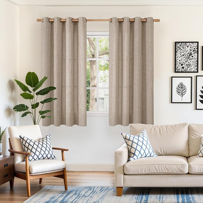 YoungsTex Dark Oatmeal Linen Curtains 54 Inch Length for Kitchen, Bronze Grommet Light FilteringTextured Window Drapes Privacy for Bedroom Living Room Decorative Burlap Rustic, 52 x 54 Inch, 2 Panels