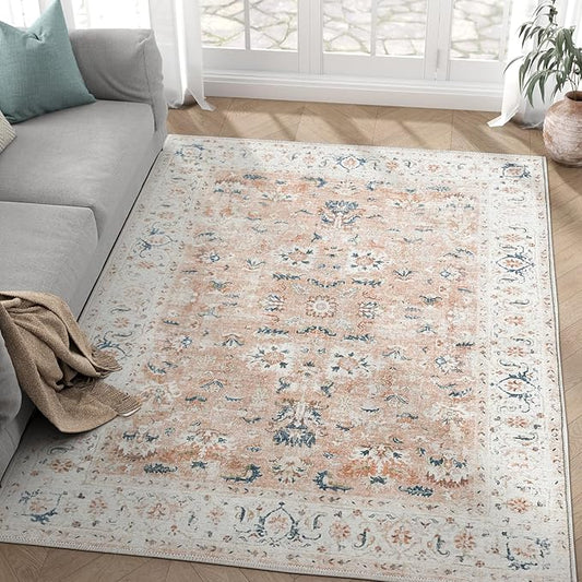 jinchan Area Rug 4x6 Bedroom Rug - Washable Vintage Boho Floral Print Lightweight Low Pile Thin Non-Slip Floor Cover Retro Distressed Carpet for Living Room Dining Room Kitchen Office Pink Blush