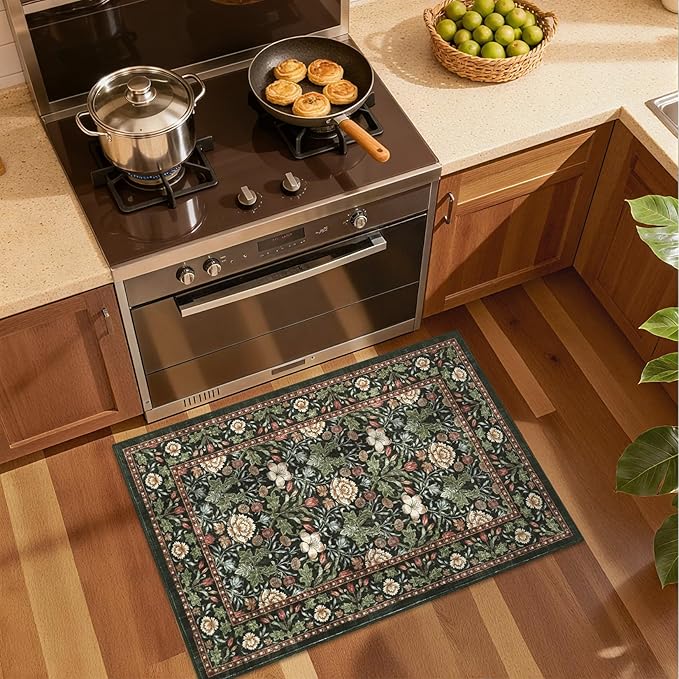 GarveeHome Small Forest Green Entryway Rug, 2x3 Washable Front Door Rug Indoor Entrance Floral Carpet Non-Slip Low Pile Throw Rugs for Kitchen Floor, Powder Room, Entry, Bathroom, Kids Room