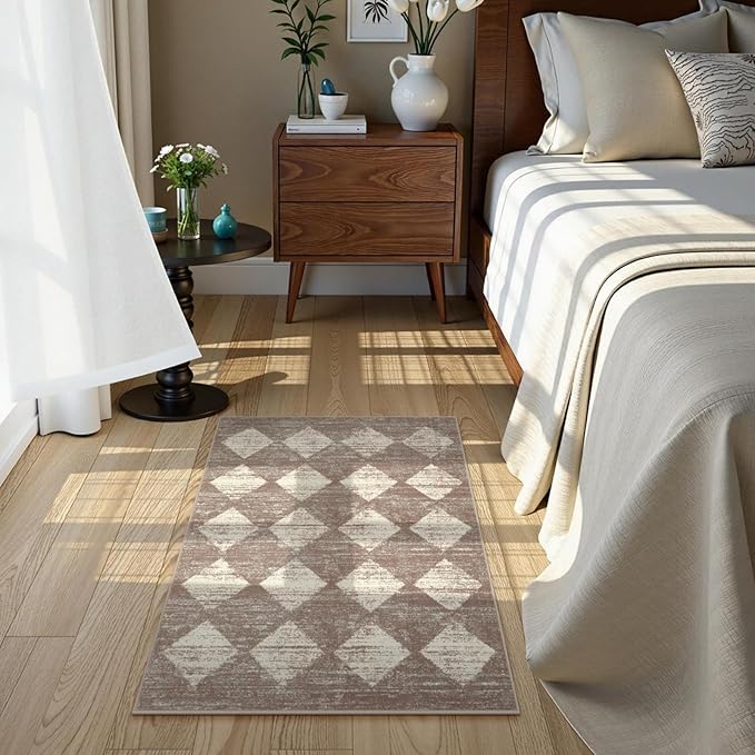 Lahome Zelie Moroccan Treills Area Rug - 2x3 Small Beige Bathroom Rug Door Rugs for Entryway Indoor, Checkered Washable Non Slip Throw Carpet for Bathroom Powder Room Kitchen Bedroom Front Door
