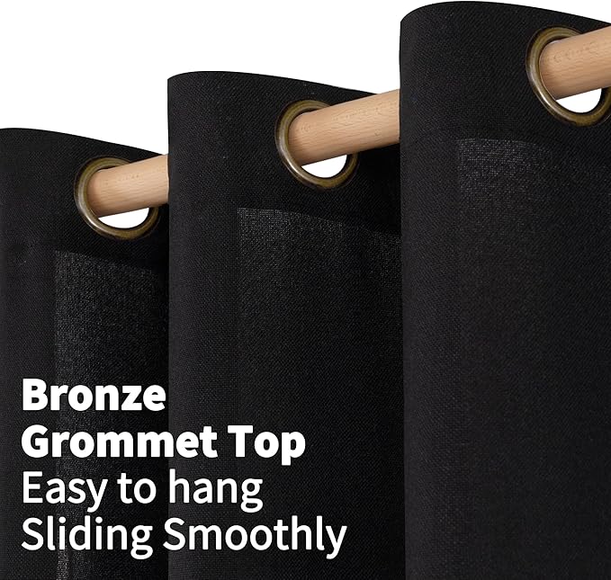 YoungsTex Short Black Linen Curtains 45 Inch Length, Light Filtering Window Drapes with Bronze Grommet Privacy Protection for Bedroom Living Room, 42 x 45 Inch, 2 Panels