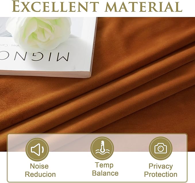 StangH Burnt Orange Velvet Drapes 90 inches Long, Grommet Thick Soft Room Darkening Window Panels for Bedroom, Thermal Insulated Sliding Door Covering, W52 x L90 Each Panel, 2 Panels