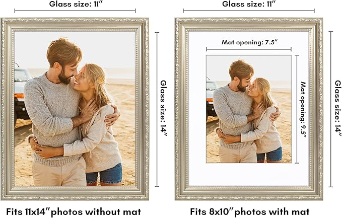 Americanflat 11x14 Picture Frame with Shatter-Resistant Glass - Use as 8x10 Frame with Mat or Display 11x14 Photo Without Mat - Ornate Picture Frames for Wall Display - Silver