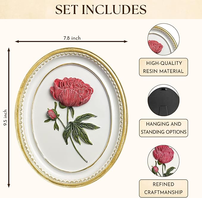 97 Decor Oval Vintage Wall Sculptures For Living Room - Handcrafted 3d Peony Floral Wall Art For Home Bedroom Decorations, Modern Sculpture Flower Art For Tabletop And Walls Hanging