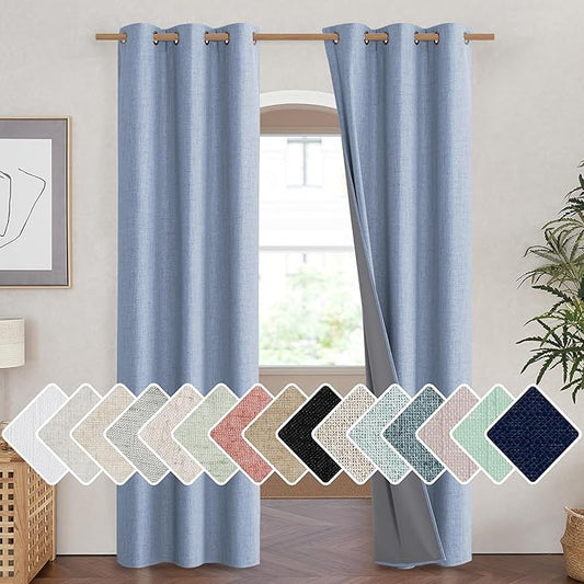 NICETOWN Stone Blue Vintage Linen 100% Blackout Curtains for Living Room, Thermal Insulated Curtains 84" Long, Noise Reducing Window Treatment Drapes for Hall Room, 42" Wide Per Panel, Set of 2