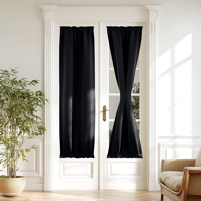 NICETOWN Black Blackout Door Curtain – Thermal Insulated Privacy Curtain for French & Front Doors with Adjustable Tieback, Room Darkening, Energy Saving, 20 inch x 72 inch, 1 Panel