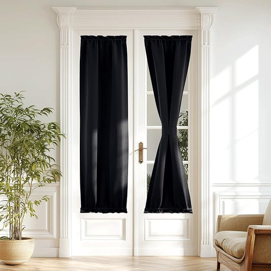 NICETOWN Black Blackout Door Curtain – Thermal Insulated Privacy Curtain for French & Front Doors with Adjustable Tieback, Room Darkening, Energy Saving, 20 inch x 72 inch, 1 Panel