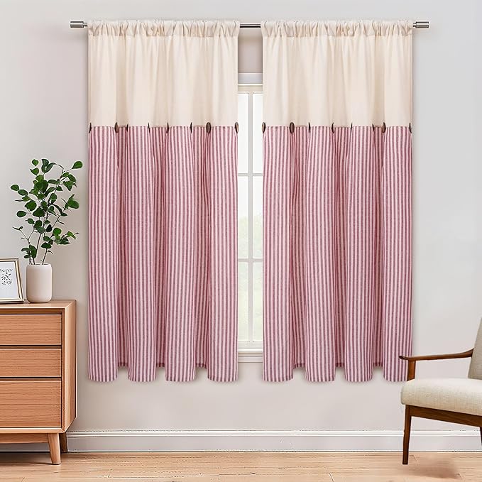 ASPMIZ Farmhouse Living Room Curtains Boho, Country Linen Curtains with Rustic Buttons, Rod Pocket & Back Tab Red Striped Curtain for Bedroom Window Curtain, Home Decor, 52 x 63 Inch, 2 Panels