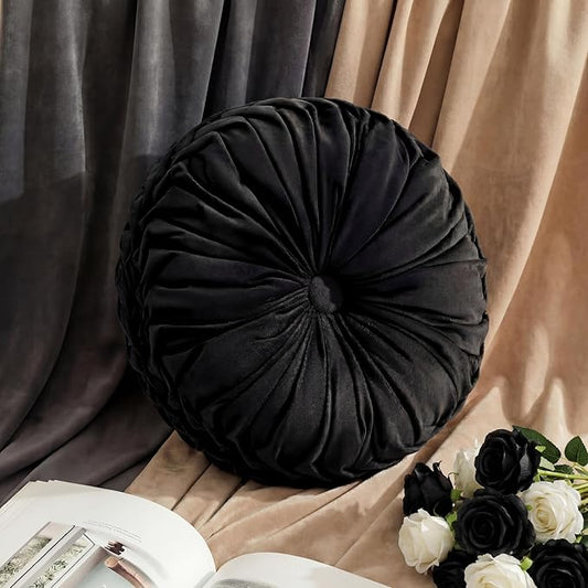 Drydiet 1 Pcs Round Throw Velvet Pillows Decorative Pleated Throw Pillows 15'' Diameter Accent Pumpkin Boho Chair Cushion for Couch Sofa Home Decoration (Black)