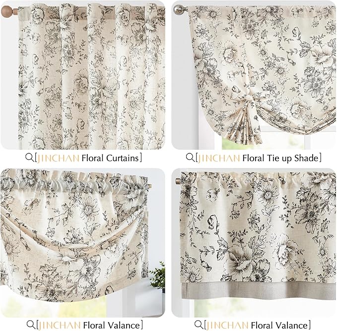 jinchan Polyester Blend Valance Curtain Farmhouse Window Decor Floral Print for Kitchen Living Room Double Layer Light Filtering Valance 16 Inches Window Treatment 1 Panel Rod Pocket Black on Beige