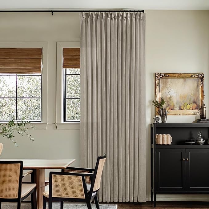 Pinch Pleated Linen Curtains 100 Inches Long for Living Room 2 Panels Set Greyish Beige Flax Double Pleated Drapes Back Tab Farmhouse Ceiling Floor 100 Inch Window Curtains Bedroom Burlywood Birch