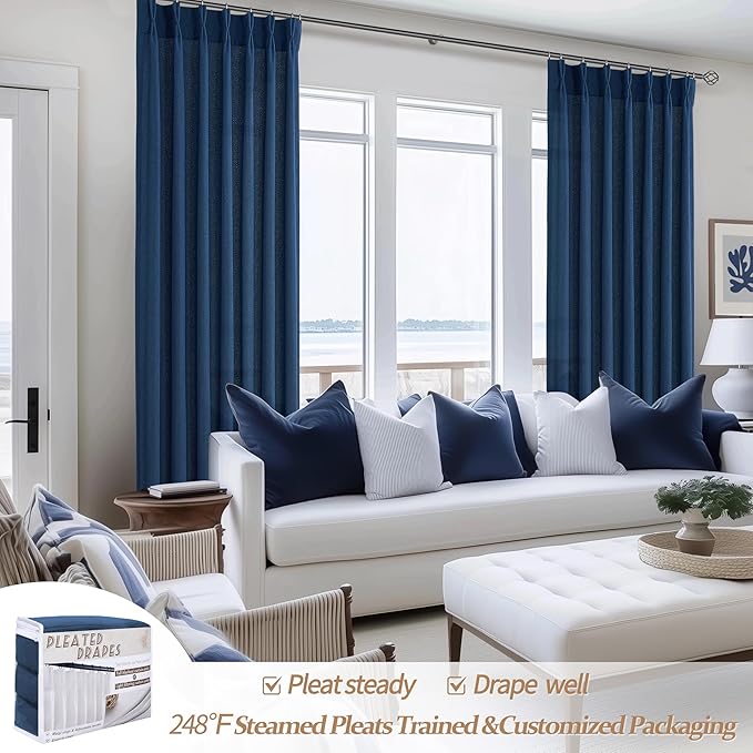 Pinch Pleated Denim Blue Curtains 102 Inches Long for Sliding Glass Doors 2 Panels Set, Modern Natural Linen Blend Memory Trained Pleat Sheer Window Drapes with Hooks Ring for Office 40"W x 102"L Navy