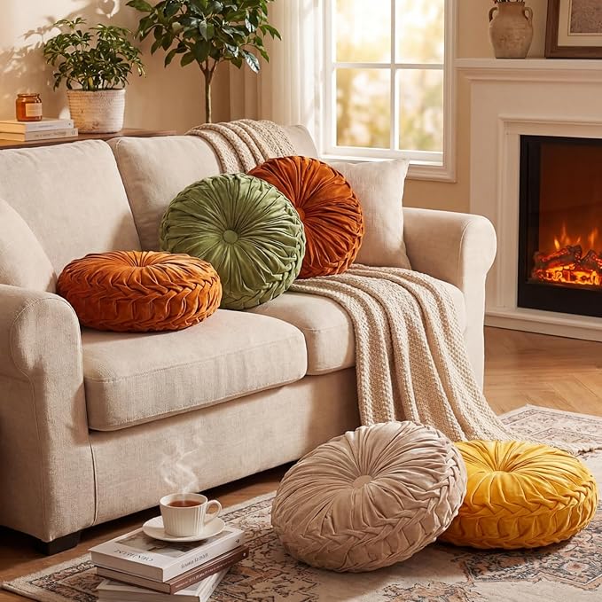 Drydiet 4 Pcs Round Throw Velvet Pillows Decorative Pleated Throw Pillows 15'' Diameter Accent Pumpkin Boho Chair Cushion for Couch Sofa Home Decoration (Fall Color)