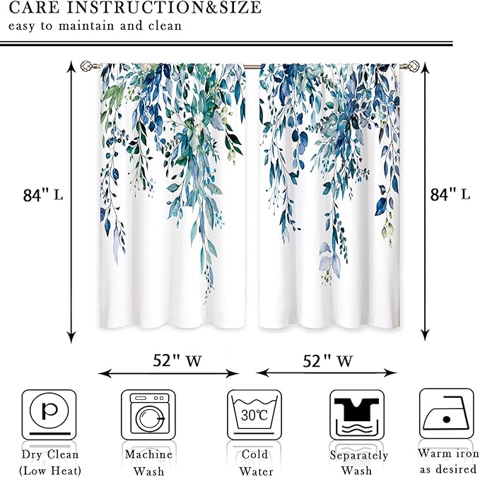 Teal Eucalyptus Botanical Leaves Floral Window Curtains Blue Watercolor Turquoise Flower Plant Wildflower Farmhouse Curtain Drapes Herb Curtains for Bedroom Living Room Treatment 52Wx84H Inch