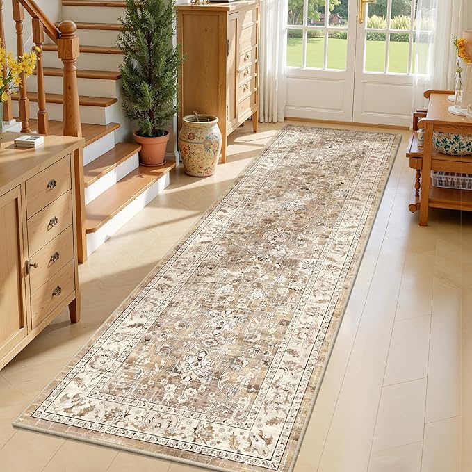 LOKHOM Washable Runner Rugs, 2x7 Non-Slip Hallway Runner Rug with Rubber Backing, Boho Floral Soft Faux Wool Kitchen Rug Carpet Runner for Laundry Entryway Bedroom (Beige Brown)