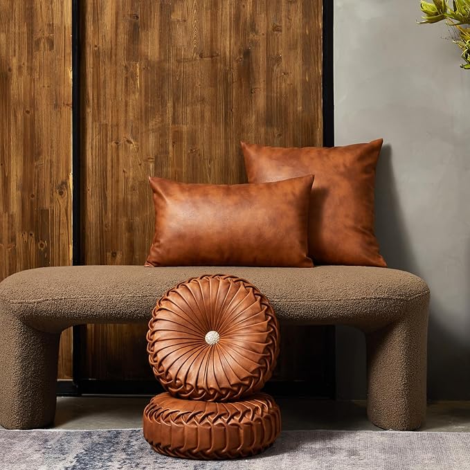 EUCIOR Brown Round Leather Pillow,Circle Pillow,Handmade Round Throw Pillow,Smooth Faux Leather Decorative Pillows for Home Decor Bedroom Living Room Couch Bed,Diameter 15"