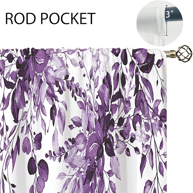 Purple Eucalyptus Botanical Leaves Floral Window Curtains Watercolor Flower Plant Wildflower Farmhouse Rustic Curtain Drapes Herb Curtains for Bedroom Living Room Treatment 42Wx63H Inch