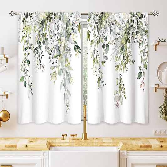 Eucalyptus Botanical Leaves Floral Kitchen Window Curtains Over Sink Farmhouse Flower Leaf Small Window Treatment Sage Green Cafe Short Curtains for Bathroom Treatment Tier Drapes 26x36 inch