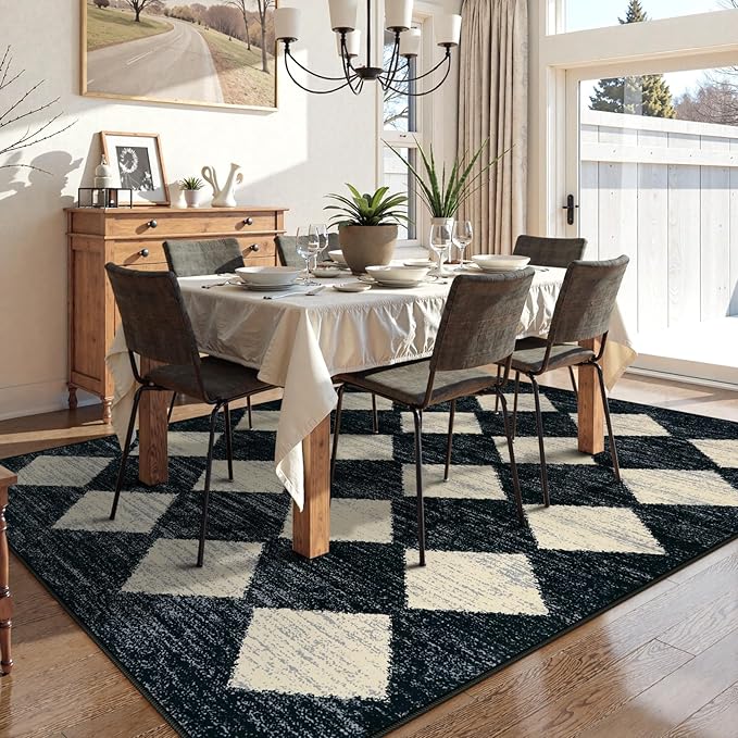 Lahome Zelie Checkered Washable 8 x 10 Area Rugs for Living Room, Black Bedroom Rug 8x10 Under Bed, Geometric Trellis Soft Ultra-Thin Indoor Carpet for Dining Room Dorm Kids Playroom (8'x10',Black)