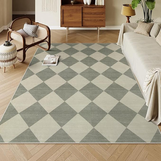 Beeiva Checkered Print 5x7 Rugs for Living Room, Non Slip Soft Green Rugs for Bedroom Ultra Thin Washable Rugs 5x7, Moroccan Farmhouse Carpet for Playroom Kids Room, Classic Classroom Dorm Home Decor