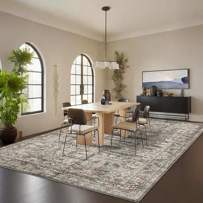 GarveeHome Vintage Floral Area Rug 8x10 Large Soft Washable Rugs for Living Room, Ultra-Soft Retro Distressed Neutral Carpet, Low Pile Non Slip Oriental Floor Mats for Bedroom, Nursery, Camel