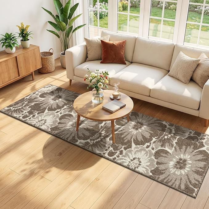 Findosom Hallway Runner Rug 2x8, Non Slip High-Low Textured Floral Washable Runner Rug with Rubber Backing, Boho Carpet Runner for Kitchen, Entryway, Bedroom, Laundry, Brown