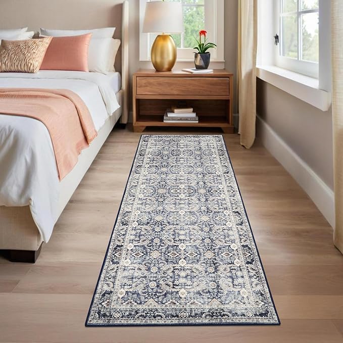 GarveeHome Runner Rug 2x6 Washable Vintage Floral Bathroom Rugs, Non Slip Low Pile Oriental Accent Carpet, Foldable Retro Runners for Hallways, Entryway, Laundry, Kitchen, Blue Grey