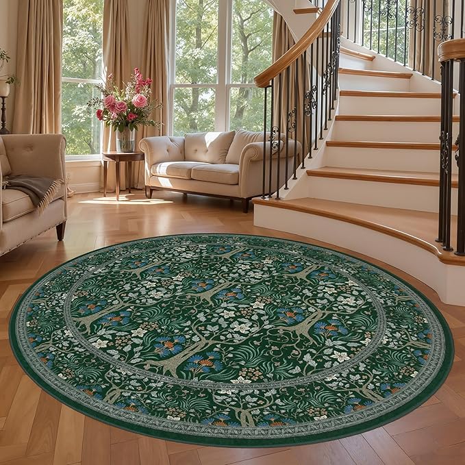 Joydeco Washable Round Area Rug for Living Room, Soft Round Rugs 6ft Non Slip with Rubber Backing, Vintage Large Circle Carpet for Bedroom Kitchen Nursery, Dark Green Floral Décor