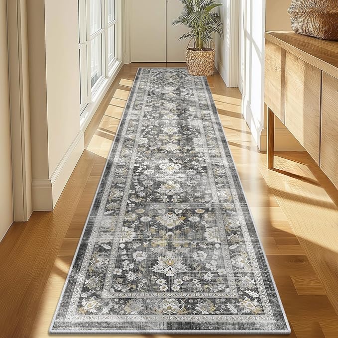 LOKHOM Washable Runner Rug, 2x10 Non-Slip Vintage Farmhouse Hallway Runner Rug with Rubber Backing, Boho Soft Faux Wool Kitchen Rug Carpet Runner for Kitchen Laundry Entryway Bedroom (Charcoal Grey)